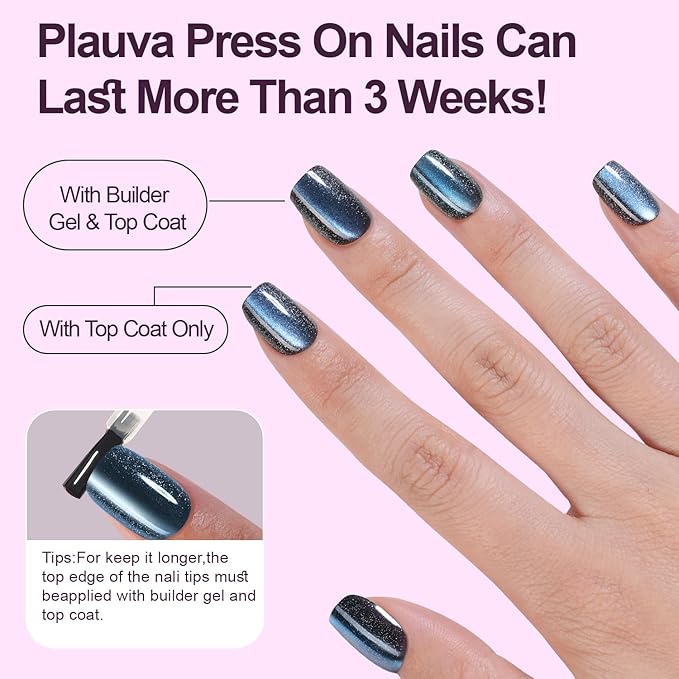 150Pcs Cat Eye Press on Nails Short Square, Plauva Soft Gel Fake Nails, Glossy Glitter Cat Eye Nail Tips for Women and Girls Stick On Nails in 15 Sizes