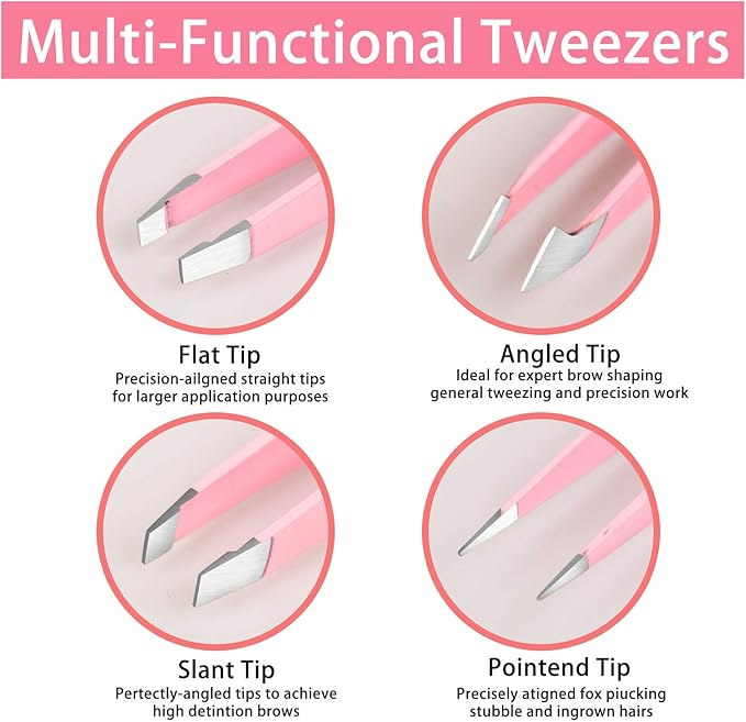 Tweezers Set 4-piece, Professional Stainless Steel Tweezers, Precision Tweezers for Eyebrows, Facial Hair, Ingrown Hair, Splinter, Blackhead and Tick Remover (PINK)