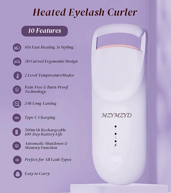 Heated Eyelash Curler, Eyelash Curlers with 10S Quick Heat-Up, 2 Temp Settings, 3S Styling & 24H Long-Lasting Natural Curl, Type-C Recharge, Mini Electric Eyelash Curler for Travel - Purple