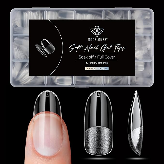 Modelones Medium Round Oval Fake Nail Tips - 510Pcs Gel Tips Pre-shaped Half Matte Full Cover Clear Acrylic Gel Kit False Press on Nails for Extension DIY Salon 15Sizes