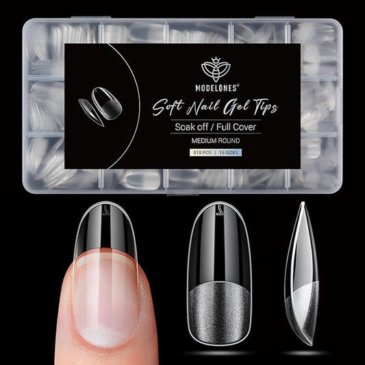 Modelones Medium Round Oval Fake Nail Tips - 510Pcs Gel Tips Pre-shaped Half Matte Full Cover Clear Acrylic Gel Kit False Press on Nails for Extension DIY Salon 15Sizes