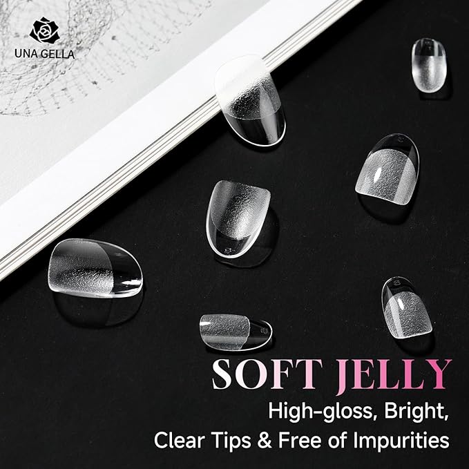 UNA GELLA Short Oval Round Nail Tips, Pre Etched Short Oval Gel Nail Tips Soft Gel Full Cover Press on Nails for Nails Extension Art DIY Salon 216Pcs 12 Sizes