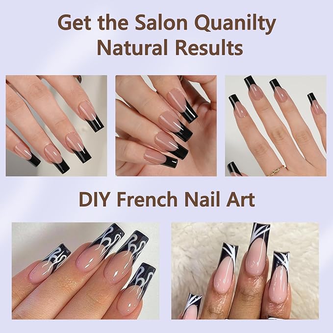 Misssix Black French Gel Nail Tips, 240Pcs French Tip Press on Nails Long Square, No Need to File 3 in 1 Tips Pre-lasting, Fake Nails for Nail Art DIY 15 Sizes