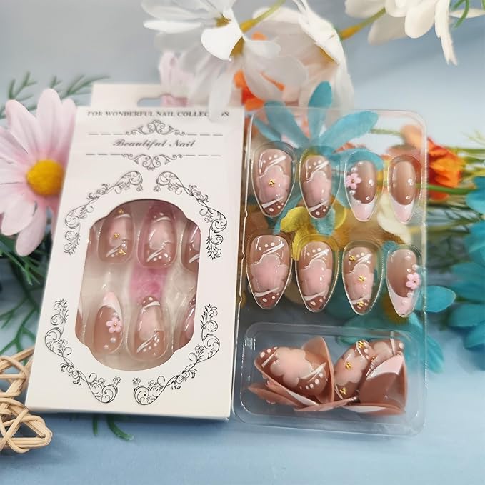 3D Flower Press on Nails 24Pcs White French Acrylic Full Cover Fake Nails Peach Blossom Gel Glue on Fingernails Glossy Pink Gradient Medium Almond False Nail Pearl Stick on Nail for Holiday Manicure