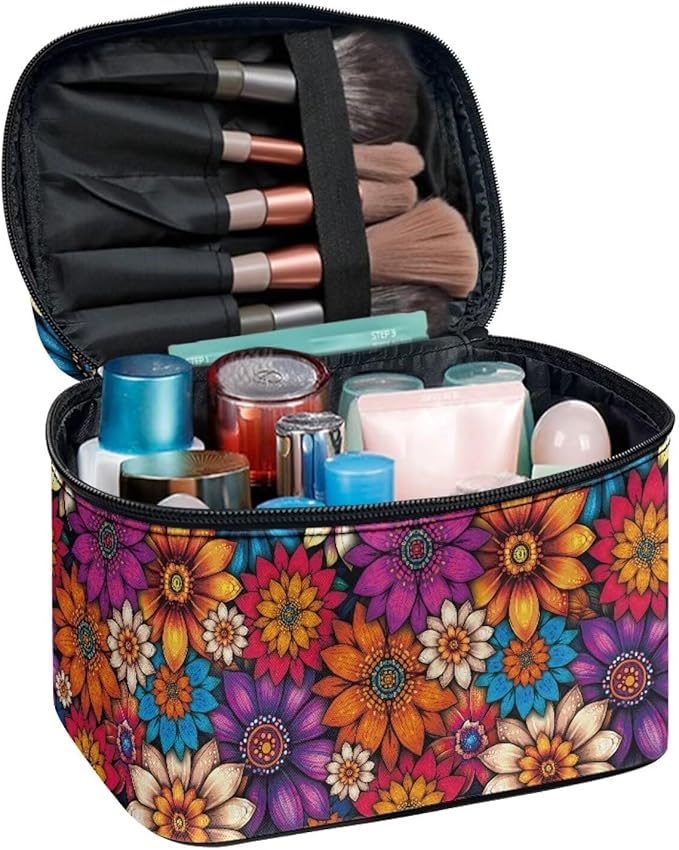 Vibrant Hippie Flower Pattern Travel Makeup Bags for Women Portable Tote Cosmetic Case with Carry Handle Toiletry Accessories Storage Organizer Bags