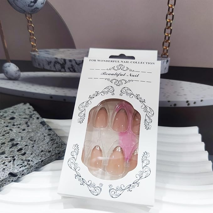 French Tips Medium Almond False Nail Simple Press on Nails Glossy Gold Glitter Stick on Nail 24Pcs Sparkly Gel Glue on Fingernails Acrylic Full Cover Fake Nails for Holiday Manicure Art