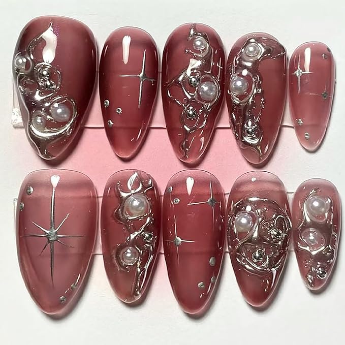 24Pcs Punk Press on Nails Short Almond Fake Nails with 3D Pearl Silver Lines Acrylic Nails Dark Red Full Cover False Nails Y2K Star Glue on Nails Irregular Design Stiletto Artificial Nails for Women