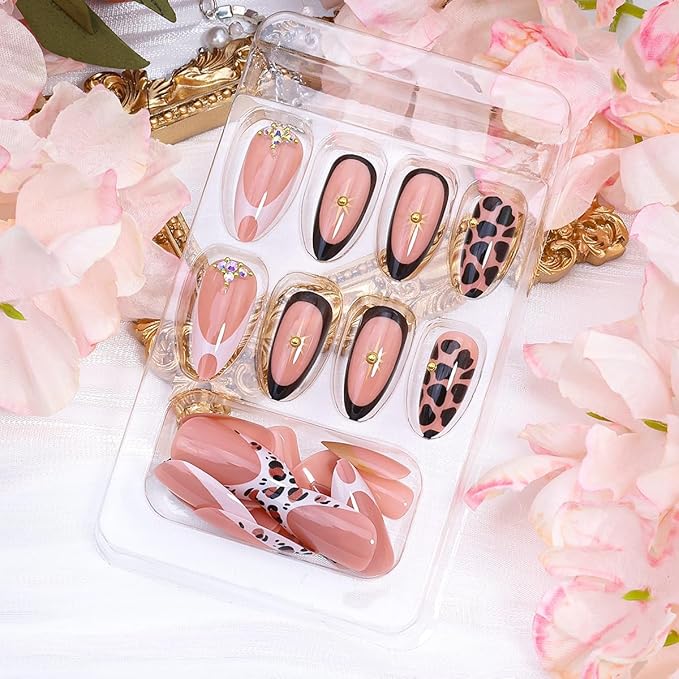 24Pcs French Tip Press on Nails Medium Almond Fake Nails with 3D Rhinestones Designs Fall False Nails Artificial Star Gems Glue on Nail Leopard Print Full Cover French Acrylic Nails for Women