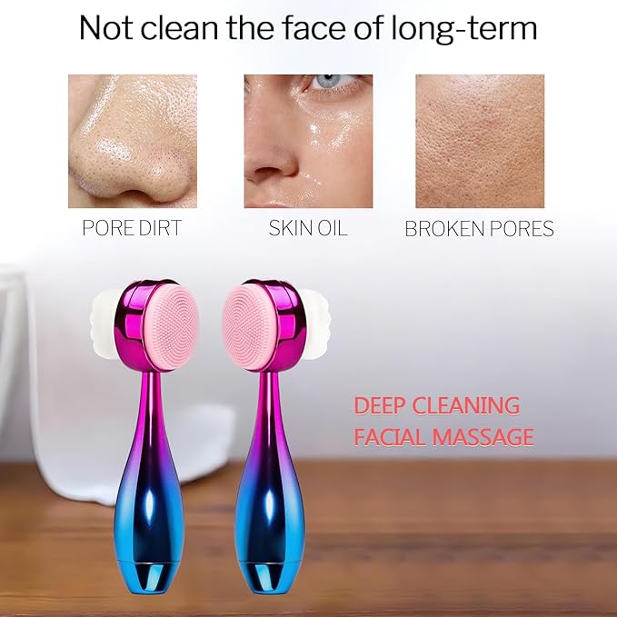 Face Brush 2 in 1, Facial Cleansing Brush Double Sides, Facial Exfoliation Scrub Brush Silicone Manual Face Scrubber Brush for Gentle Deep Pore Cleansing, Skincare (Blue, 1 Pack)