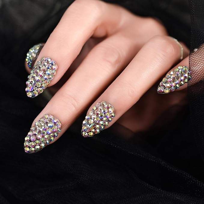 Handmade Nails 24pcs Full Cover 3D Rhinestones Press On Nails Almond Medium Length Nails Women Girls Gifts Salon Manicure Shiny Crystal Nail Art Tips Fake Nails Reusable Acrylic False Nails