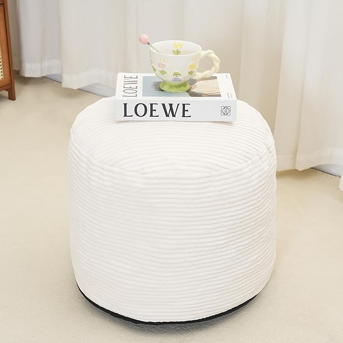 Pouf Ottoman Stuffed Round Modern Foam Filled Foot Rest Corduroy Poufs for Living Room Chair Decorative 20 X 15 Inches Fluffy Pouf Foot Stool Storage Ottoman, Beige