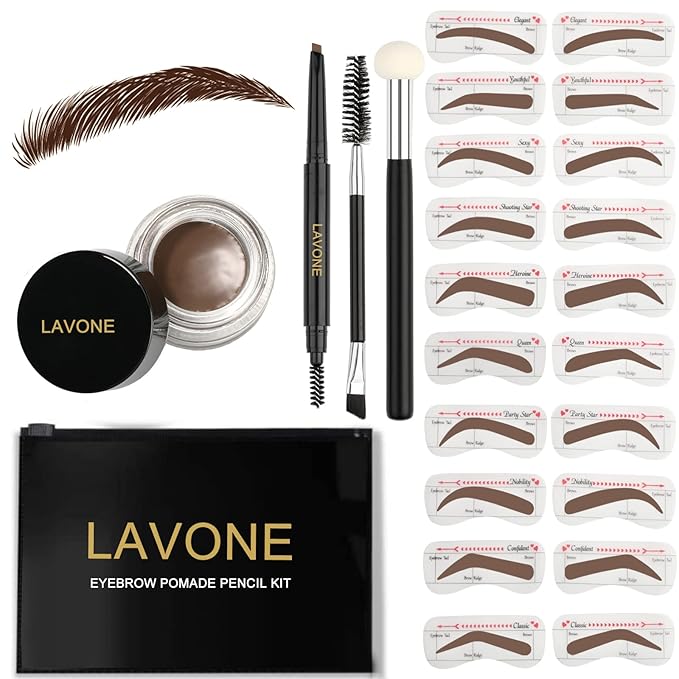 Eyebrow Stamp Stencil Kit ,Brow Stamp Trio Kit with Waterproof Eyebrow Pencil, Eyebrow Pomade, 20 Eyebrow Stencils, Dual-ended Eyebrow Brush and Sponge Applicator - Dark Brown