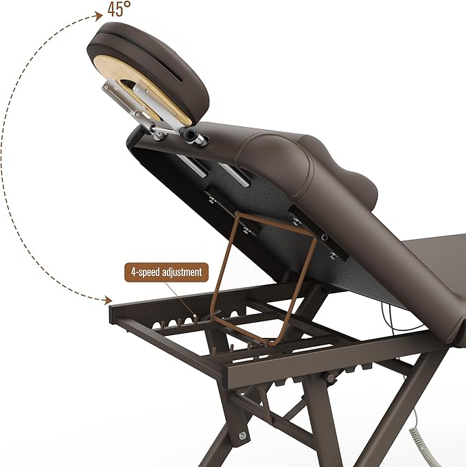 pouseayar Adjustable Massage Table with Face Pillow & Headrest, Sturdy and Solid, Silent and Easy to Adjust - Adjustable Backrest, Electric Leg Lifting, Brown