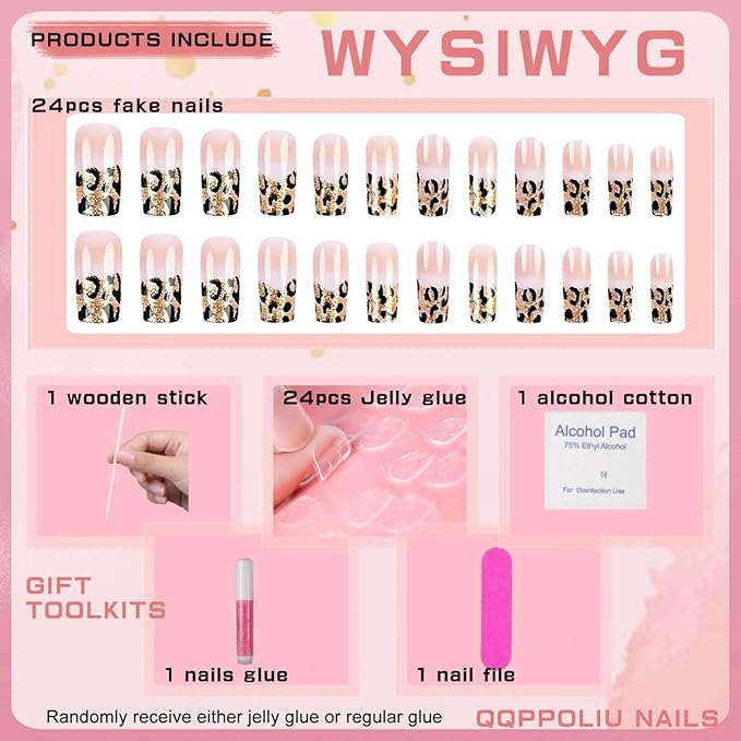 Press on Nails Long Square Fake Nails Hot Girl Nails Press Ons with Design Glue on Nails for Women and Girls 24pcs
