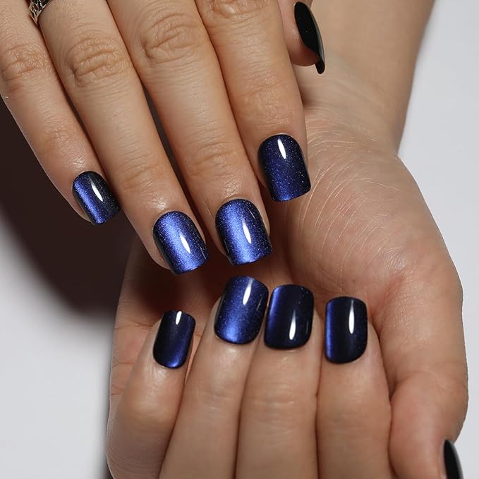 Dark Blue Press On Nails Square – Short Cat Eye Fake Nails with Color-Shifting Glow, Reusable Stick On Nails, 15 Sizes, 30 Nail Kit with Glue, Thick Glue On Nails for Women, M1-Midnight Mirage