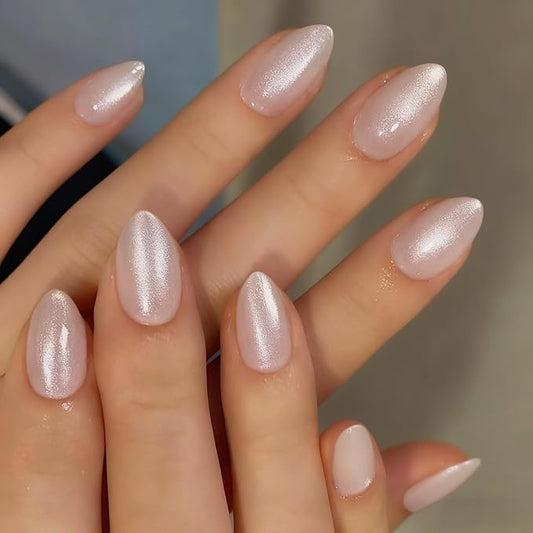 KQueenest Press On Nails Almond - Pastel Pale Pink Press On Nails Short Length, Glitter Cat Eye Fake Nails with Nail Glue, Reusable Cute Gel Glue On Nails with Sparkle Finish for Manicure, 30 Pcs