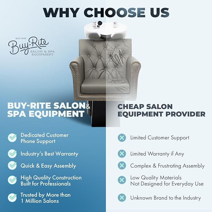 Buy-Rite Chelsea Backwash Unit – Tilting White Porcelain Shampoo Bowl, Gray Tufted Vinyl Chair, Brass Nailhead Trim, Removable Seat Cushion, European Faucet