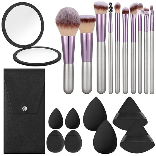 20PCS Makeup Brushes Set,10 Pcs Travel Makeup Brush with Mirror,Storage Bag and 8PCS Makeup Sponges for Home,Travel, Party