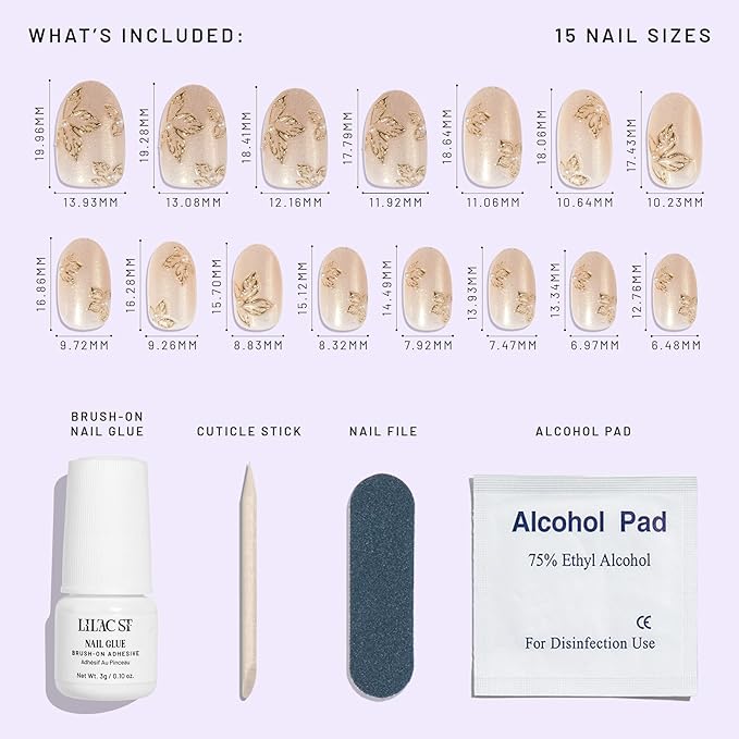 Lilac St - Press on Nails, Petals & Pearls (30 Nails, 15 Sizes) - Medium, Round, Pearl + Glossy, Opaque - Brush-On Nail Glue, Nail File, Cuticle Stick, Prep Pad - Cruelty Free, Vegan, Women Founded
