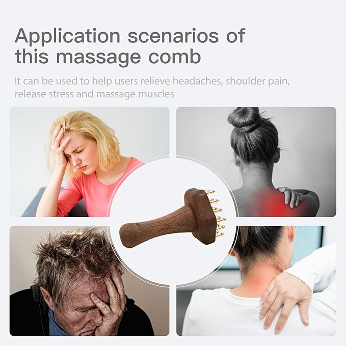 24teeth Copper Head Massage Comb for Body and Scalp Meridian Point Massager Brush for Body and Scalp Relief Body Massage Brush for Cellulite Remover Chinese SPA Gua Sha Tool Wooden Handle