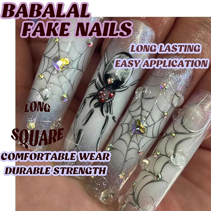 BABALAL Press on Nails Long Square Fake Nails Sliver Chrome Goth Glue ons Spider Web Gothic Design with Charm Handmade Supplies Art 24Pcs Halloween Full Cover Acrylic False Nails