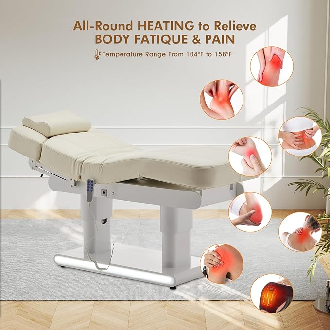 3 Motor Full Electric Spa Facial Beauty Bed Tattoo Medical Treatment Table Aesthetic Chair with Thermal Heated & Armrest for Salon Esthetician Doctor Podiatry