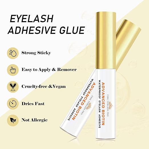 2 in 1 Clear Lash Glue with Lash Growth BIOTIN; Sensitive Eyes; Strong Hold Easy Brush On for False Eyelash Extensions, Strip Lashes, Mink, Wispy, Latex Free, No Parabens; Waterproof