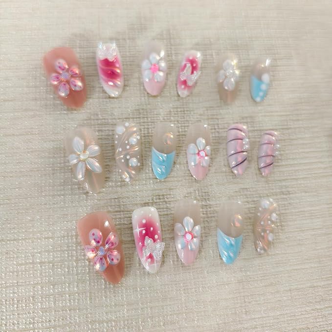 Handmade Press on Nails Almond Fake Nails with 3D Flower Designs Pearls Butterfly Charms French Tip False Nail Aurora Medium Acrylic Stick on Nails Full Cover Embossed Flower Nails for Women,30pcs