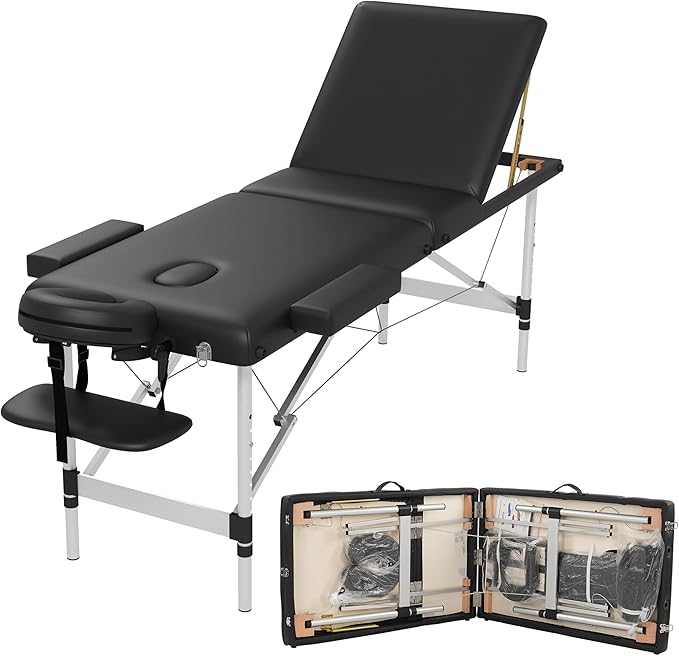 Massage Table Massage Bed, Portable 3 Section Foldable Tattoo Bed, Height Adjustable Lash Spa Bed with Face Cradle, Home Light Weight Facial Salon Bed with Aluminum Frame, Black