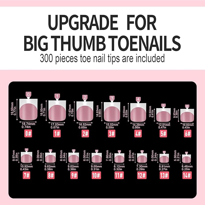 Vansiho 300 pcs French Tip Toe Nail Tips Press on, Pink White French Tips Toenail Press on Square for Women, Soft Gel Fake Toe Nails, Acrylic Nails Soak off Toe Nail Home DIY 15 Sizes
