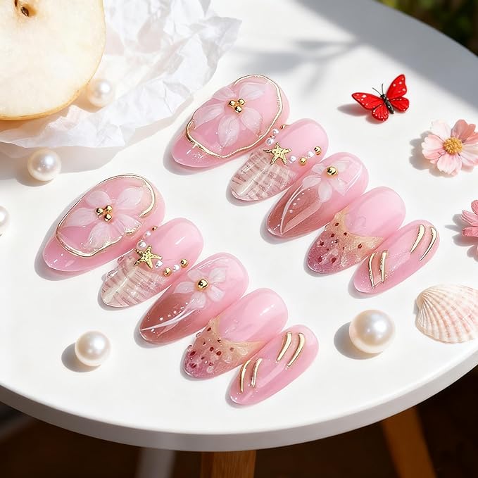 Long Almond Press on Nails with 3D Flowers Pastel Pink Fake Nails Glitter Fake Nails Elegant Stick on Nail for Women 24pcs