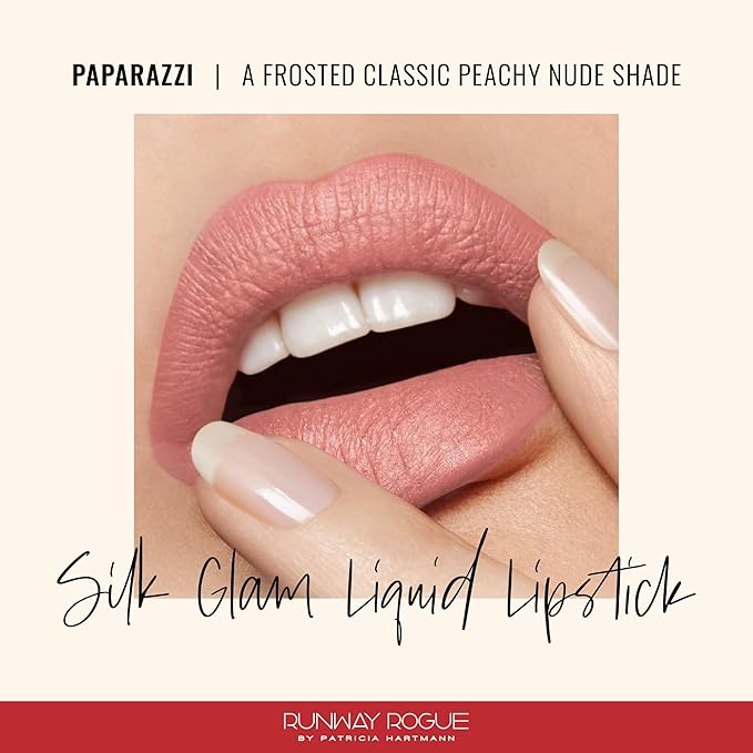 Runway Rogue Silk Glam Liquid Lipstick, Long Wear Frosted Classic Peachy-Nude Lipstick, ‘Paparazzi’