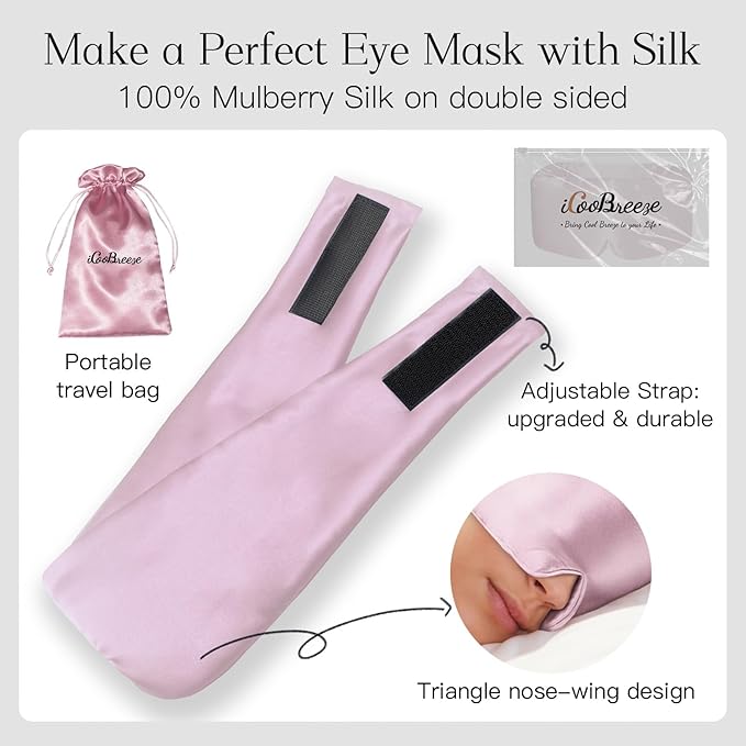 100% Natural Silk Eye Mask for Women Men, Soft Pressureless Cooling Blackout Eye Covers for Sleeping, Large Size Sleep Mask fits All Heads Adjustable, 1PC, Lotus Pink