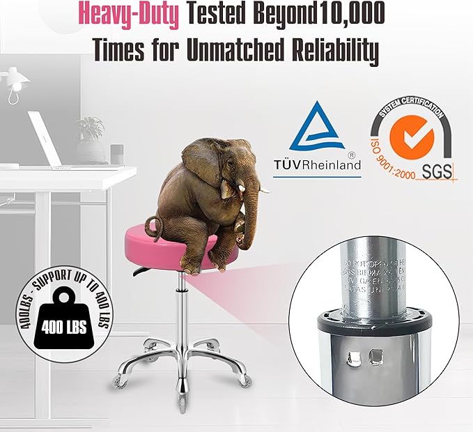 Rolling Stool with Wheels, Heavy Duty 400 lbs Stool for Shop Guitar Lab Tattoo Workbench Medical, Adjustable Swivel Chair (Pink)