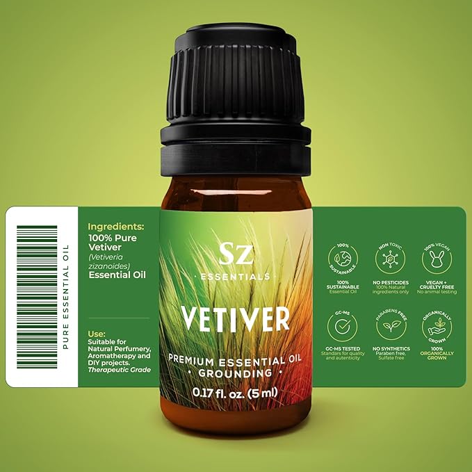 Vetiver Essential Oil - 100% Pure, Premium & Natural - Undiluted - Sweet, Earthy, Woody and Grassy Scent with Smoky grounding Undertones- Therapeutic Grade & Vegan - 1/6 oz. (5 mL)