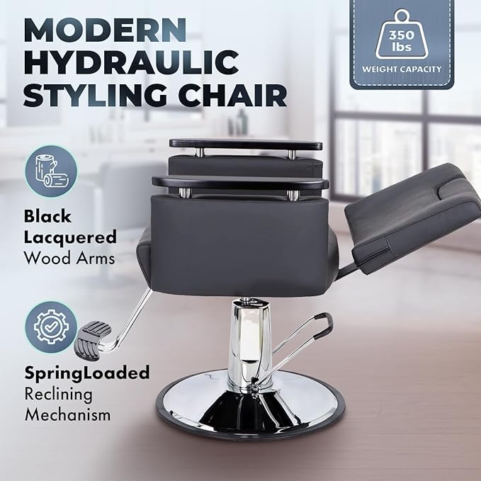 Buy-Rite Carlton Reclining All-Purpose Salon Chair - Professional Hydraulic Styling Chair for Hair, Barber, Shampoo, Threading, Waxing - Adjustable Headrest, 550 lb Lift, Black, YLG-166