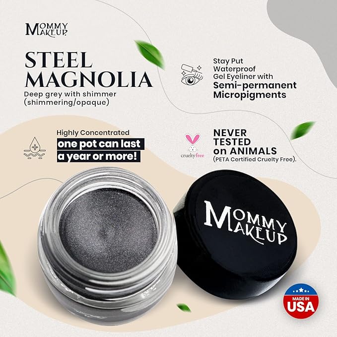 Mommy Makeup Waterproof Stay Put Gel Eyeliner Pot with Micropigments - Smudge-Proof, Long Lasting, Highly Pigmented Cream Eye Liner, 0.14 oz (Steel Magnolia)