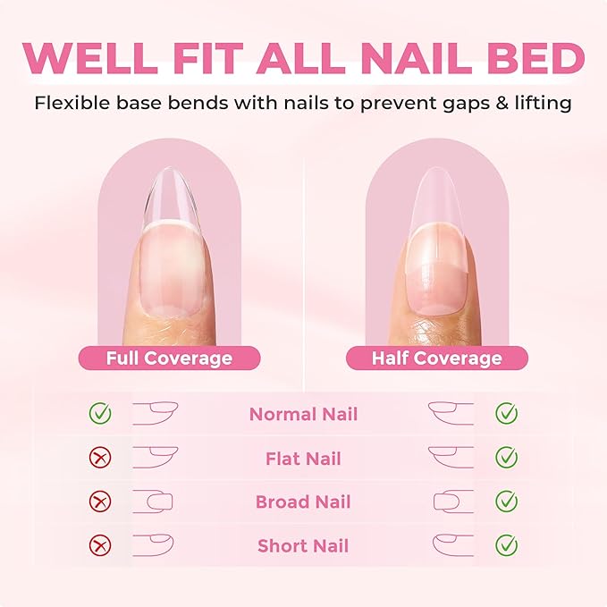 Almond Nail Tips: 504pcs Double-sided Matte Half Cover Medium Almond Shape Tips, Pre-etched Soft Gel Press on Nails, 12 Sizes No C Curve Clear False Fake Nails for Extension Manicure Home
