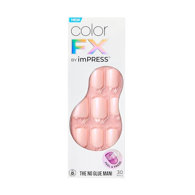 KISS imPRESS No Glue Mani Press On Nails, Color FX, 'Good Mood', Light Pink, Short Size, Squoval Shape, Includes 30 Nails, Prep Pad, Instructions Sheet, 1 Manicure Stick, 1 Mini File