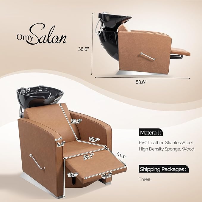 OmySalon Backwash Shampoo Unit for Salon, Hair Washing Station with Ceramic Bowl Adjustable Footrest, Reclining Shampoo Chair for Beauty Spa Barbershop