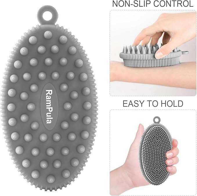 Silicone Body Scrubber Brush, 2in1 for Exfoliating Wet or Dry Skin Body Wash Bath Shower Tool, with Super Soft Manual Facial Cleansing Brush Scrubber (Grey)