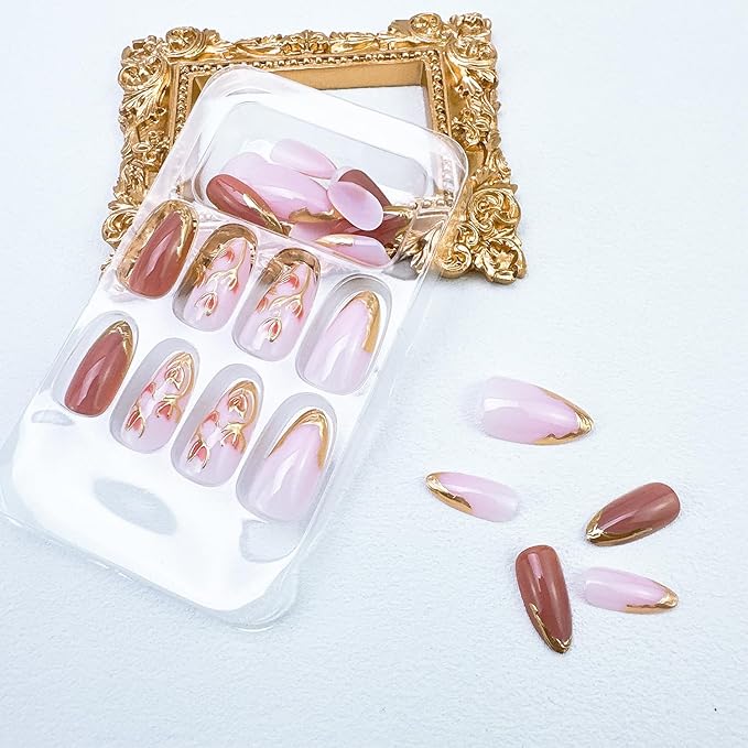 24pcs Gold French Tip Press on Nails Medium Almond Fake Nails with 3D Flower Acrylic Nails Designs Gold Stripes Acrylic Nail Tips Stick on Nails Floral False Nails Kit Glue on Nails for Women