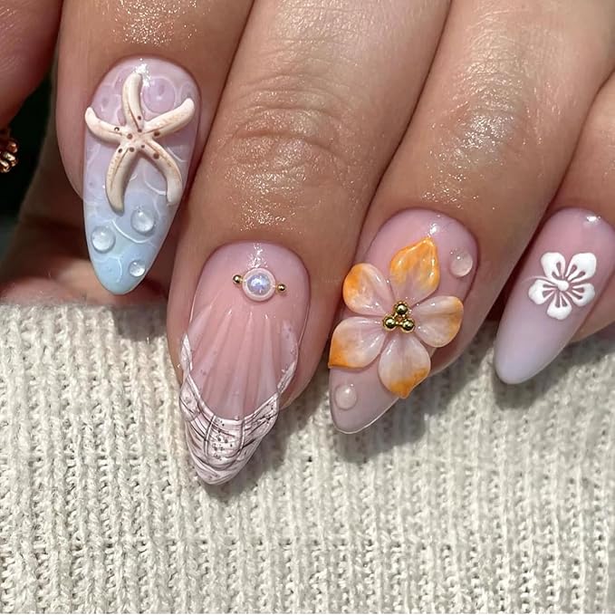 IMRAIN Beach Press on Nails Medium Almond Fake Nails with 3D Starfish Flower Designs Gel Handmade Acrylic False Nails Full Cover Glue on Nails Artificial Stick on Nails for Women DIY Manicure