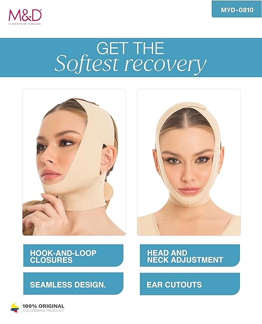 M&D Face Slimming Chin Strap Lipo Compression Garment Mentonera Postquirúrgica Facial Beige L