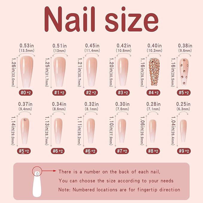 Yivaiks Ballerina 24pcs Press-on Nails Kit, Acrylic False Nails with Rhinestones Design, 12 Sizes for Women, Glossy Artificial Nails for Special Occasions and Daily Use