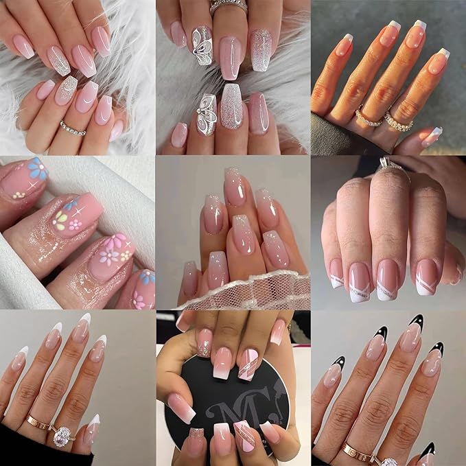 9 Packs (216 Pcs) Pink Gradient Nails - Square Coffin, Pearl French Almond, Glue on Nails for Girl Nail Art - 12 Sizes, 9 Styles