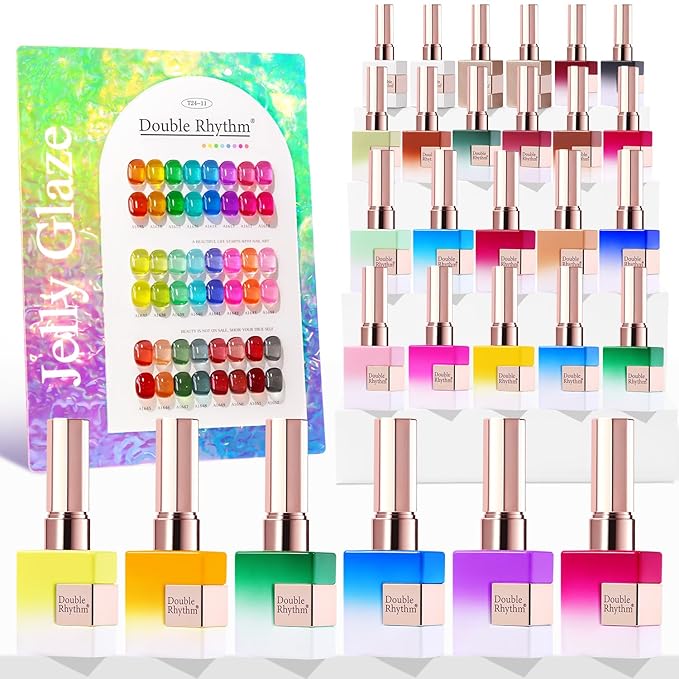 Double Rhythm 28Pcs 0.5Oz Gel Nail Polish Set Same Color Same Bottle Soak Off Gel Polish Kit Nail Art Manicure Salon DIY at Home for Women (Neon Jelly Sheer Collection-T24-11)