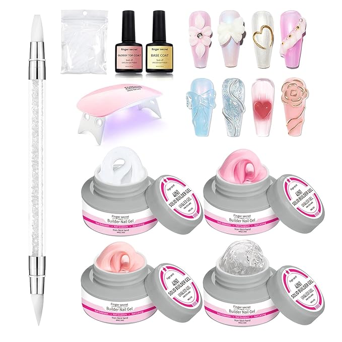 Builder Gel Flase Hard Nail Gel Kit 4 Color 8Oz, Non-stick Hand Nail Extension Replace Poly Gels, Multi-functional Long-lasting Carving 3d Sculpting Nails Art 240g Suitable to DIY homes or Salon