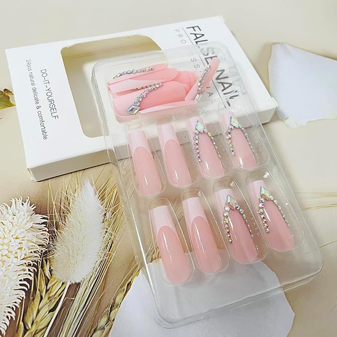 24Pcs Long Press on Nails Coffin French Tip Fake Nails with Rhinestone Bling Design Coffin Shaped Full Cover White Nails Tips Acrylic Nails Glossy Glue on Nails Artificial French False Nails for Women