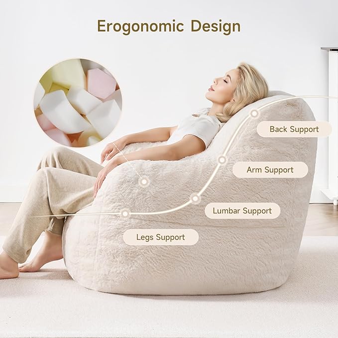 ONBRILL Giant Bean Bag Chairs for Adults with Ottoman, Faux Fur Boneless Chaise Couch Filler with Memory Foam,Large BeanBag Lounge Lazy Floor Sofa Accent Chair for Living Room,Bedroom & Game Rooms